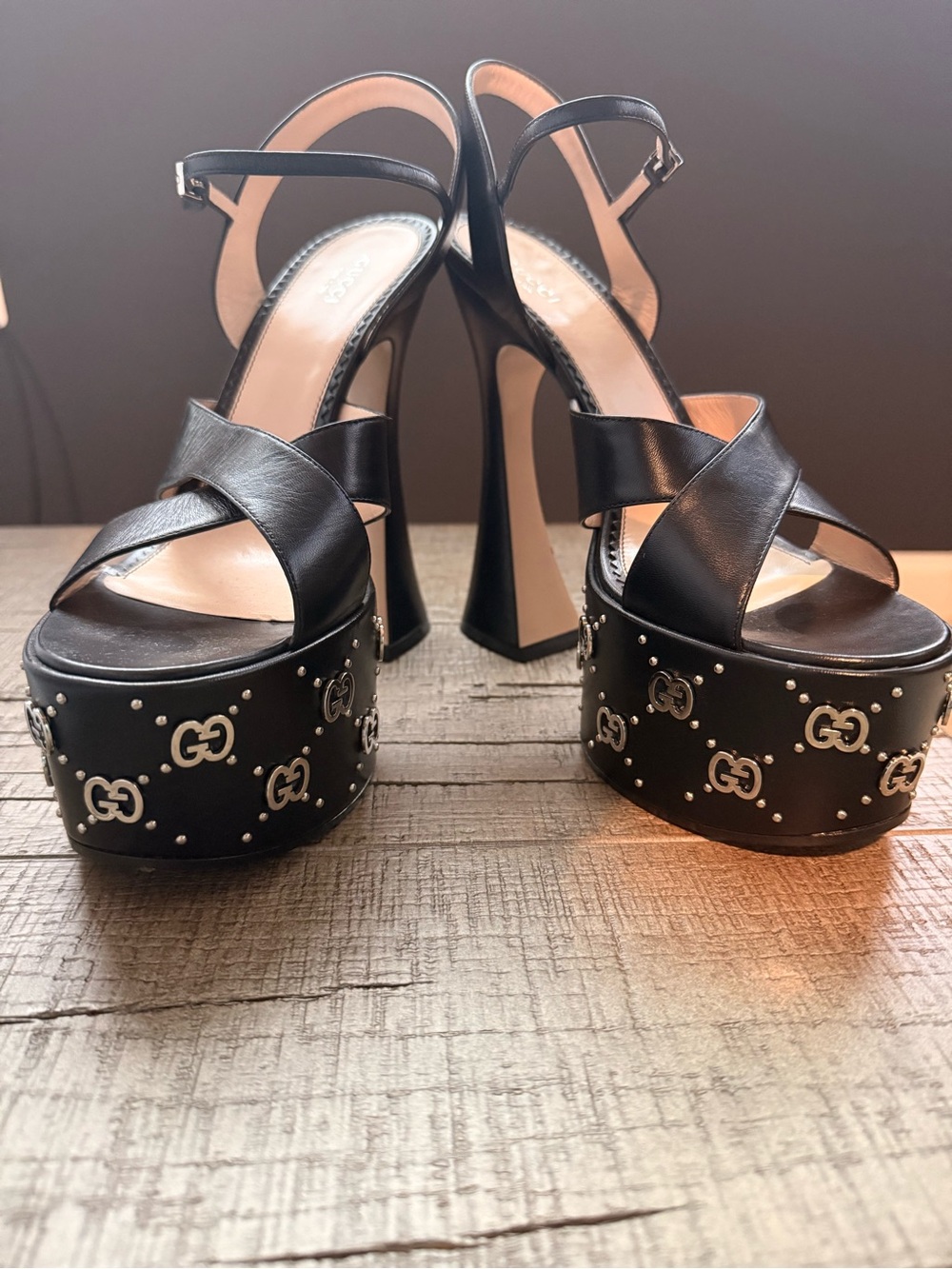 Gucci Black Leather Platform Sandals with Silver Studded GG Logos